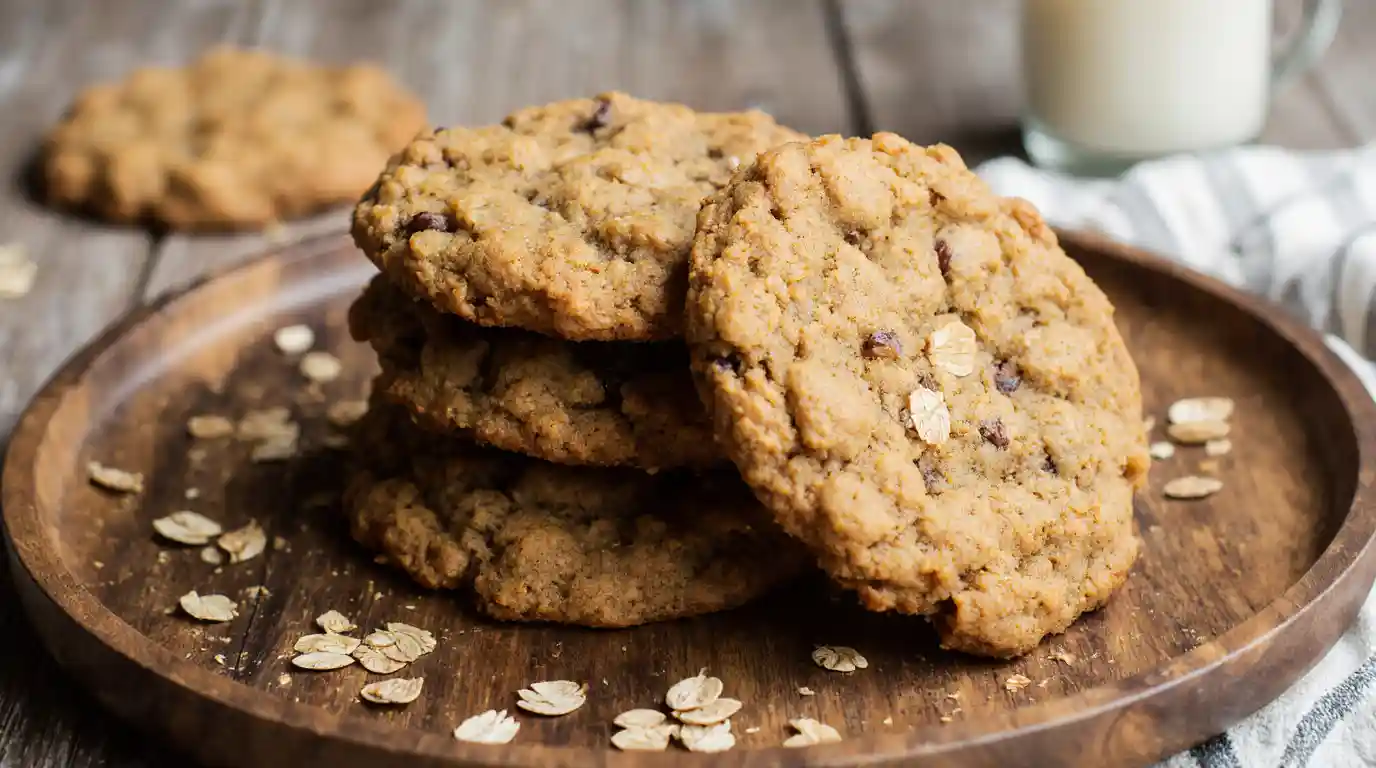 3 Ingredient Oatmeal Cookies: Effortless, Sweet & Perfectly Chewy 3 Ingredient Oatmeal Cookies A stack of freshly baked 3 ingredient oatmeal cookies on a rustic wooden plate with visible oats and golden brown color.
