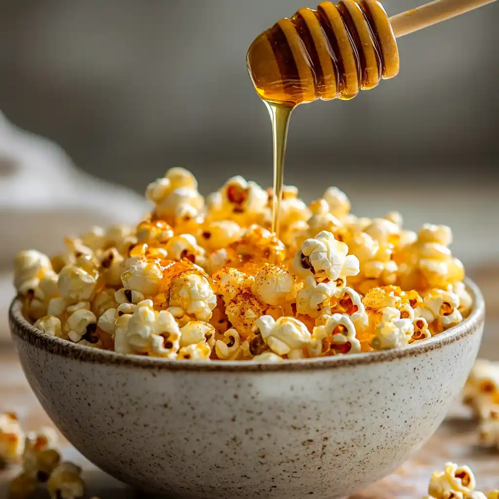 Hot Honey Popcorn Recipe– Sweet & Spicy Snack Favorite 1 Hot honey popcorn with honey drizzle and spice