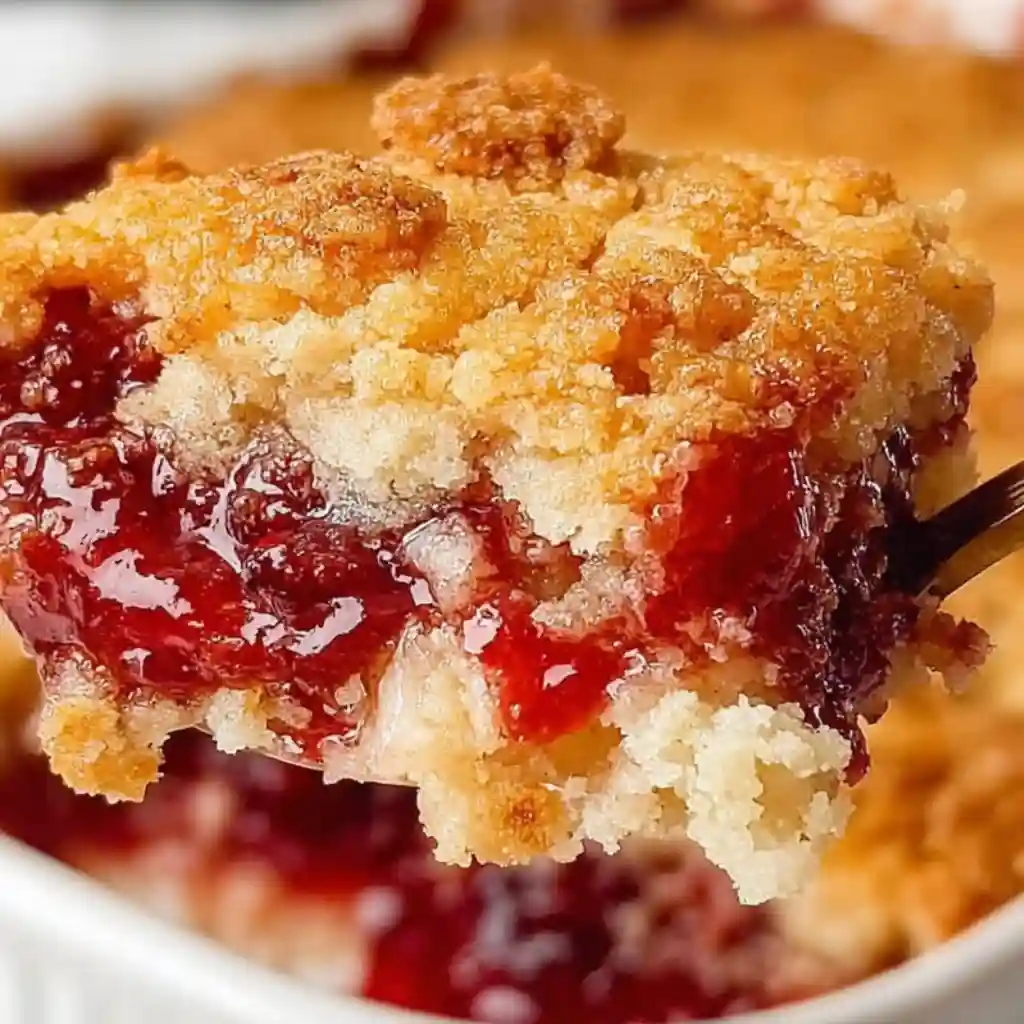 3 Ingredient Dump Cake: The Easiest Nostalgic Dessert Ever 3 ingredient dump cake close-up of cherry 3 ingredient dump cake slice with crumb topping