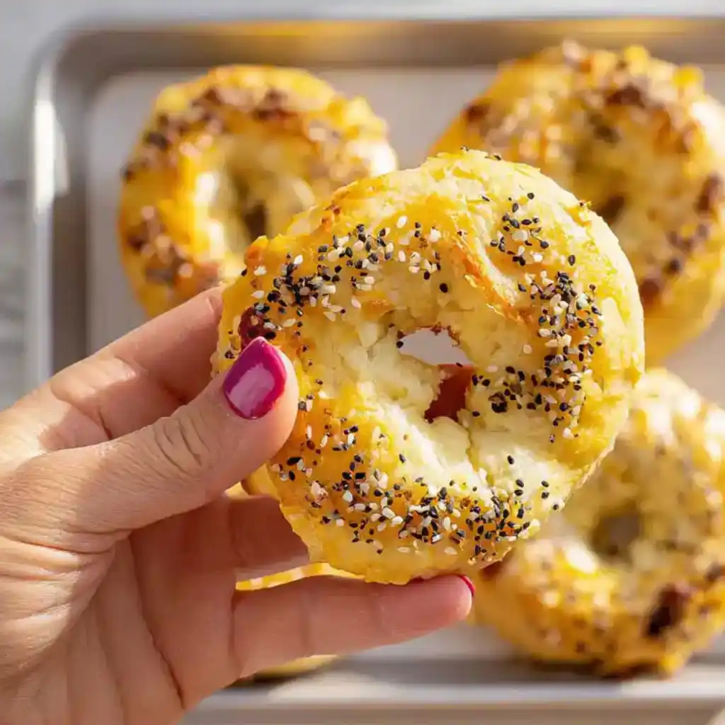 3 Ingredient Bagels: Easy, Protein-Rich, No Yeast Recipe 3 ingredient bagels hand holding freshly baked 3 ingredient bagel