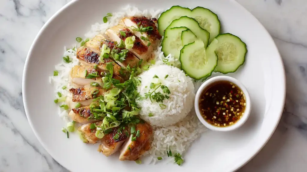 Steamed Chicken and Rice: Hainanese-Inspired One-Pot Comfort Meal Steamed Chicken And Rice Steamed chicken and rice served with scallions and sauce