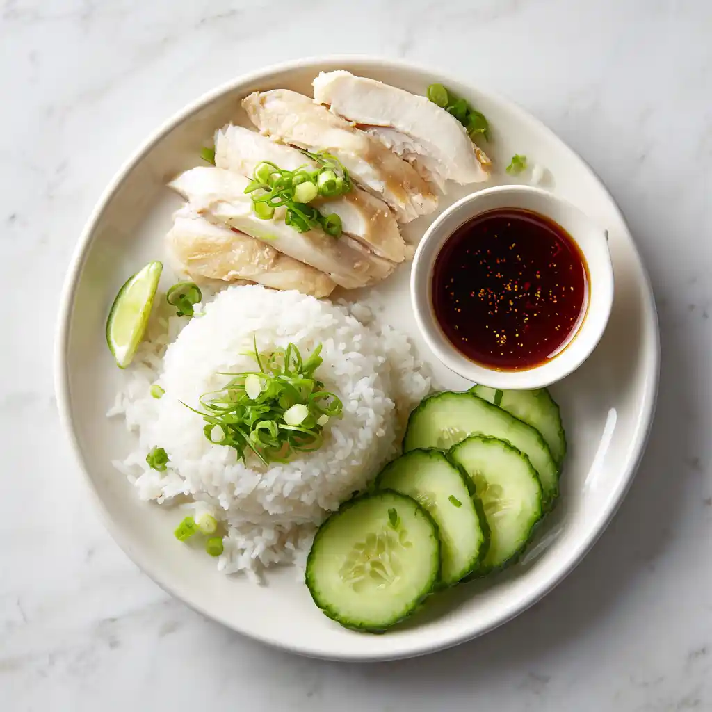 Steamed Chicken and Rice: Hainanese-Inspired One-Pot Comfort Meal Steamed Chicken And Rice Steamed chicken and rice served with scallions, cucumber, and dipping sauce