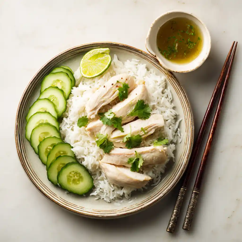 Steamed Chicken and Rice: Hainanese-Inspired One-Pot Comfort Meal Steamed Chicken And Rice Served steamed chicken and rice with cucumber and sauce